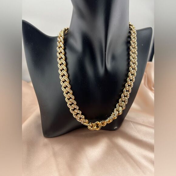 Gold-Tone Cuban Link Chain Necklace with Rhinestones - Picture 10 of 10